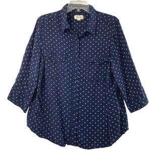 Womens 1X Top Navy Blue White Anchor Print‎ Nautical Coastal Button Up Blouse